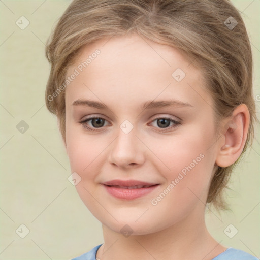 Joyful white child female with medium  brown hair and brown eyes