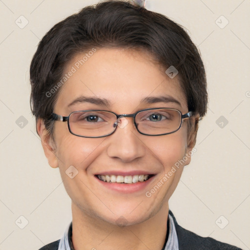 Joyful white adult female with short  brown hair and brown eyes