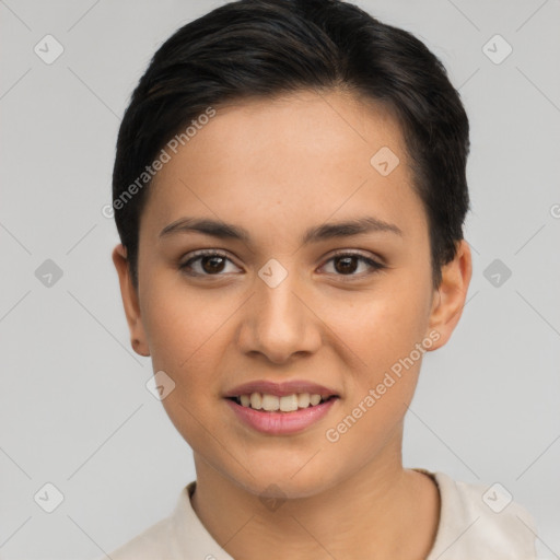 Joyful latino young-adult female with short  brown hair and brown eyes