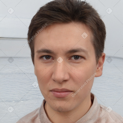 Neutral white young-adult male with short  brown hair and brown eyes