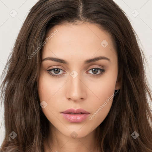 Neutral white young-adult female with long  brown hair and brown eyes