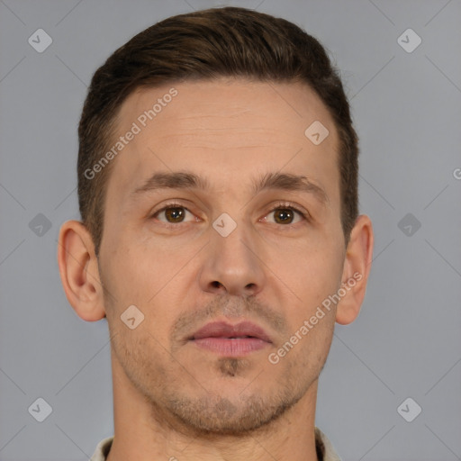 Neutral white adult male with short  brown hair and brown eyes