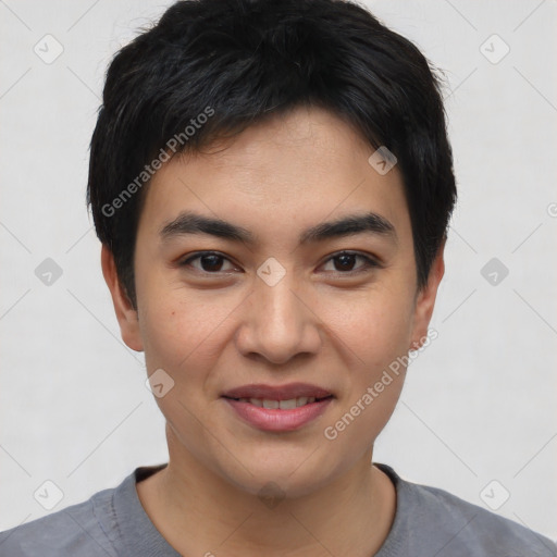 Joyful asian young-adult male with short  black hair and brown eyes