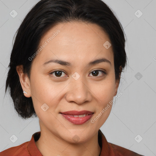 Joyful white young-adult female with medium  brown hair and brown eyes