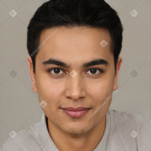 Joyful latino young-adult male with short  brown hair and brown eyes