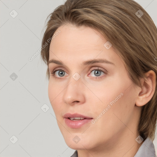 Neutral white young-adult female with medium  brown hair and grey eyes