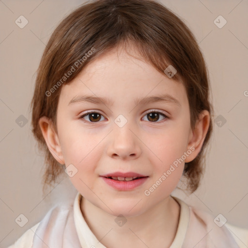 Joyful white child female with medium  brown hair and brown eyes