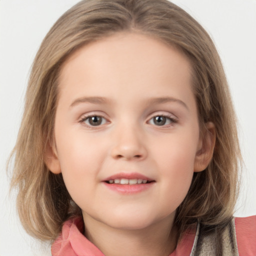 Joyful white child female with medium  brown hair and grey eyes