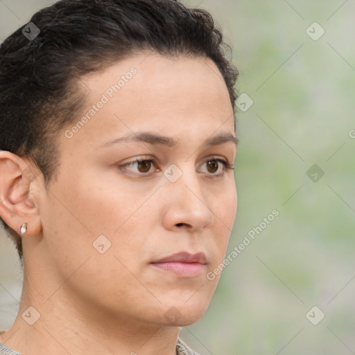 Neutral white young-adult female with short  brown hair and brown eyes