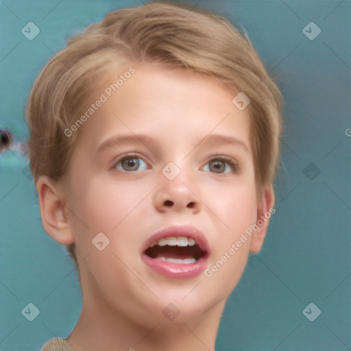 Joyful white child female with short  brown hair and brown eyes