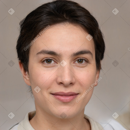 Joyful white young-adult female with medium  brown hair and brown eyes