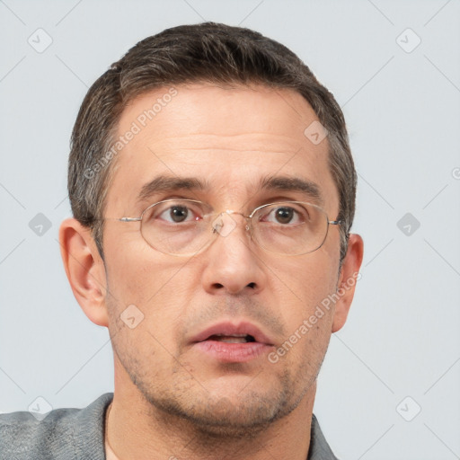 Neutral white adult male with short  brown hair and brown eyes