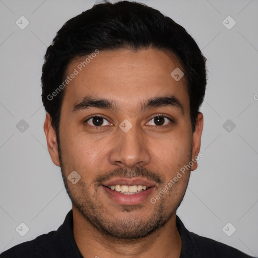 Joyful white young-adult male with short  black hair and brown eyes