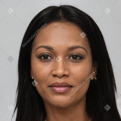Joyful black young-adult female with long  black hair and brown eyes