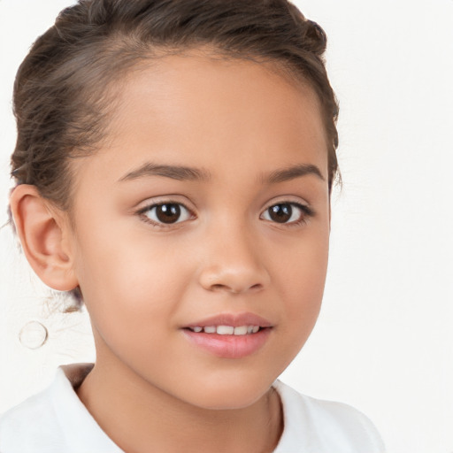 Joyful white child female with medium  brown hair and brown eyes