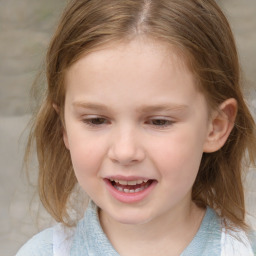 Joyful white child female with medium  brown hair and grey eyes