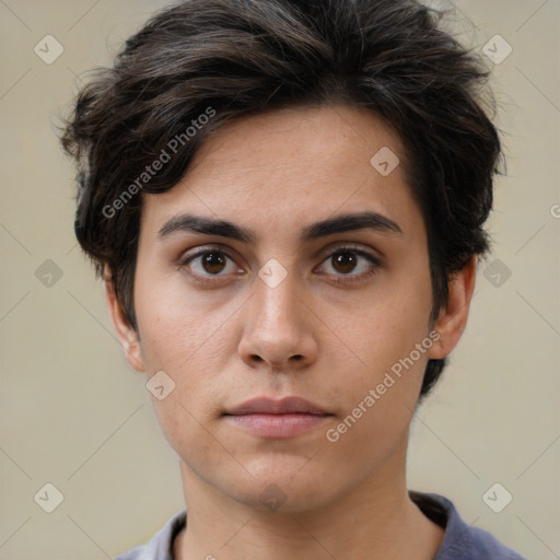 Neutral white young-adult male with short  brown hair and brown eyes