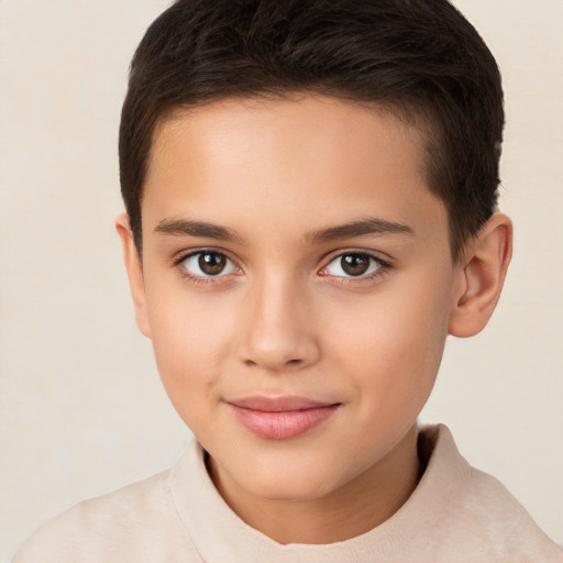 Joyful white child female with short  brown hair and brown eyes