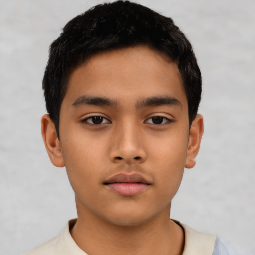Neutral asian child male with short  black hair and brown eyes