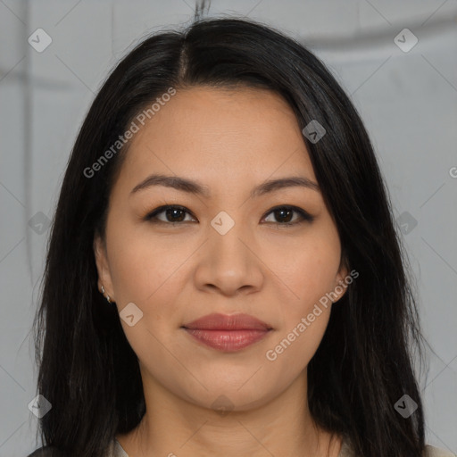 Joyful latino young-adult female with long  brown hair and brown eyes