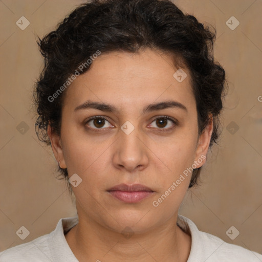 Neutral white young-adult female with short  brown hair and brown eyes