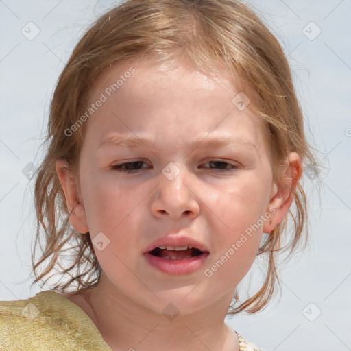 Joyful white child female with medium  brown hair and brown eyes