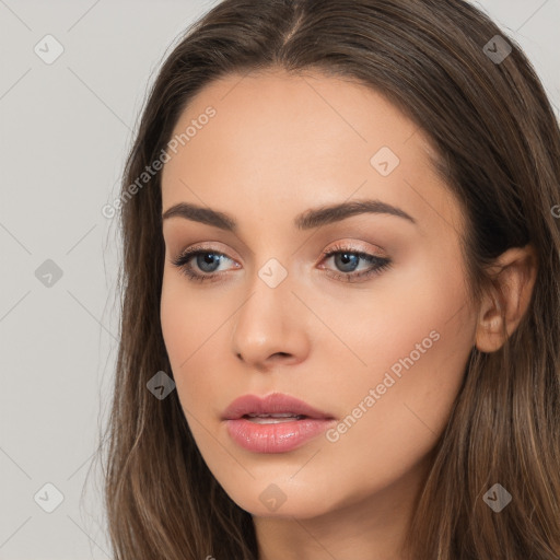 Neutral white young-adult female with long  brown hair and brown eyes