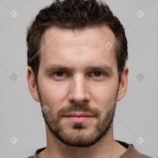 Neutral white young-adult male with short  brown hair and brown eyes