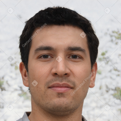 Neutral asian young-adult male with short  black hair and brown eyes