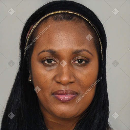 Joyful black adult female with long  brown hair and brown eyes