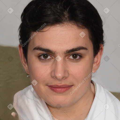 Joyful white young-adult female with short  brown hair and brown eyes