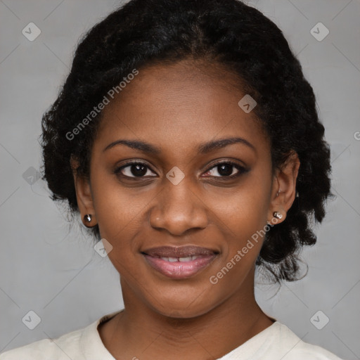 Joyful black young-adult female with medium  black hair and brown eyes