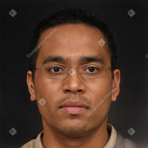 Neutral latino young-adult male with short  brown hair and brown eyes