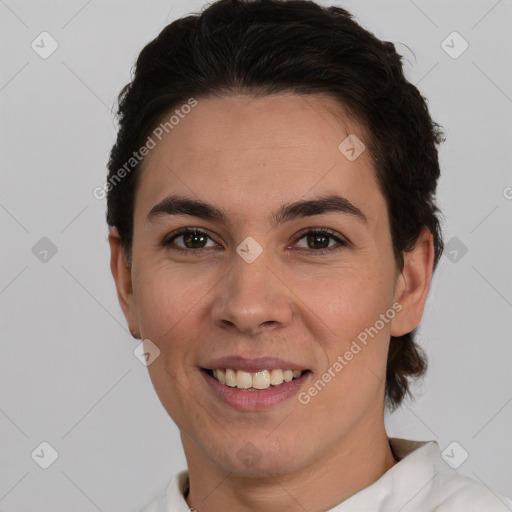 Joyful white young-adult female with short  brown hair and brown eyes