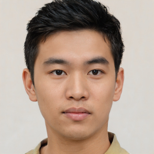 Neutral asian young-adult male with short  black hair and brown eyes