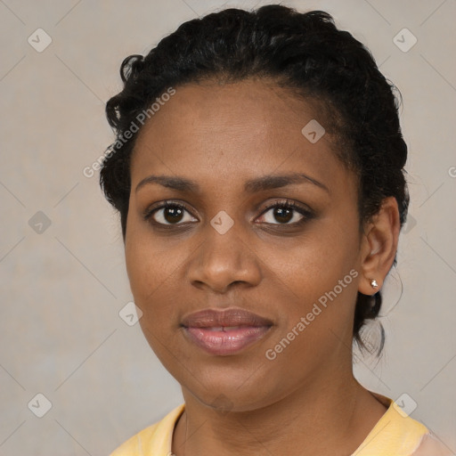 Joyful latino young-adult female with short  black hair and brown eyes