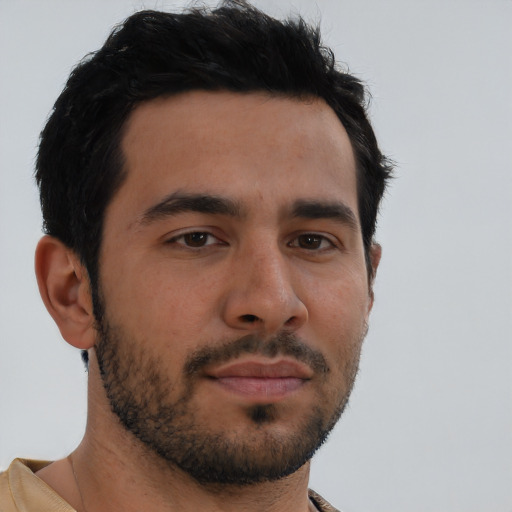 Neutral latino young-adult male with short  brown hair and brown eyes