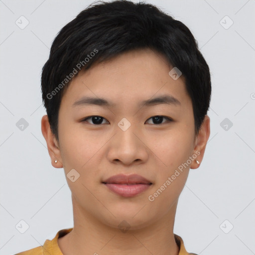 Joyful asian young-adult female with short  black hair and brown eyes