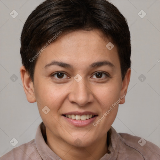 Joyful white young-adult female with short  brown hair and brown eyes