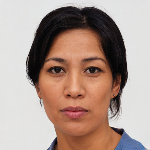 Neutral asian young-adult female with medium  black hair and brown eyes