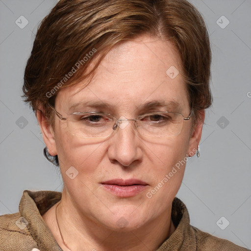 Joyful white adult female with medium  brown hair and blue eyes