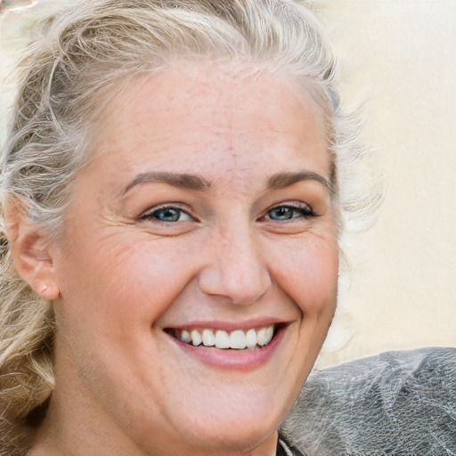 Joyful white adult female with medium  brown hair and blue eyes