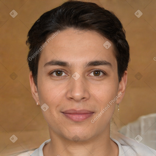 Joyful white young-adult male with short  brown hair and brown eyes