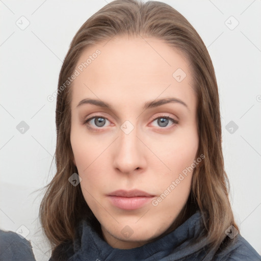 Neutral white young-adult female with long  brown hair and grey eyes