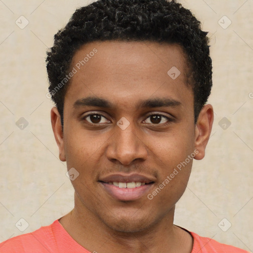 Joyful latino young-adult male with short  brown hair and brown eyes