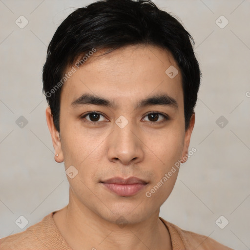 Neutral asian young-adult male with short  black hair and brown eyes