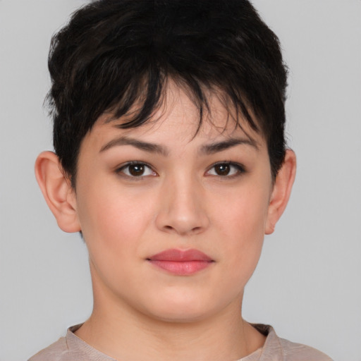 Neutral white young-adult female with short  brown hair and brown eyes
