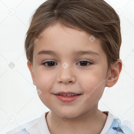 Joyful white child female with short  brown hair and brown eyes