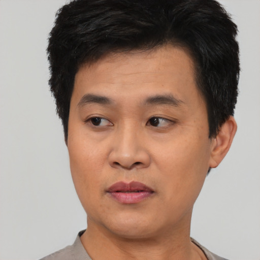 Joyful asian young-adult male with short  black hair and brown eyes