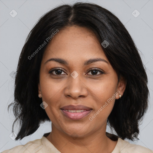 Joyful black young-adult female with medium  black hair and brown eyes